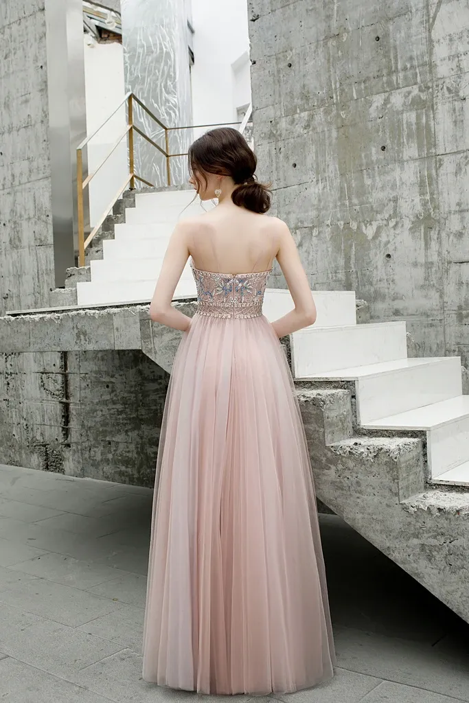 Promfast A Line Spaghetti Straps Beaded Long Tulle Prom Dresses PFP1811