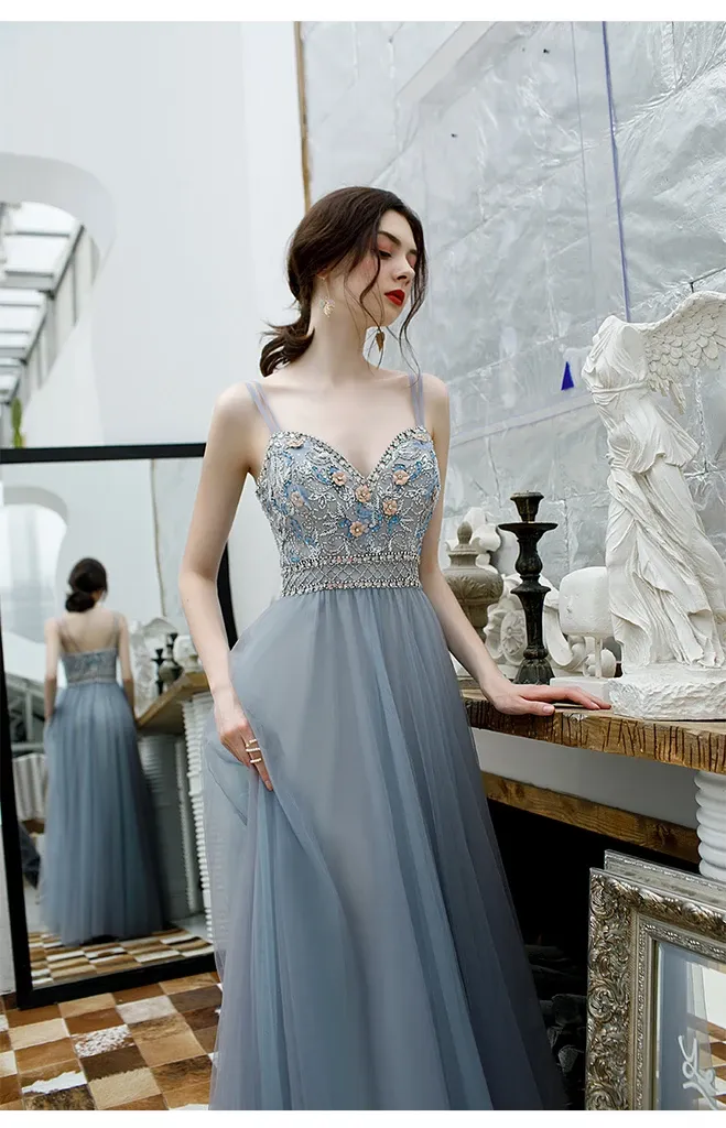 Promfast A Line Spaghetti Straps Beaded Long Tulle Prom Dresses PFP1811
