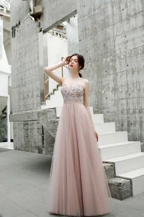 Promfast A Line Spaghetti Straps Beaded Long Tulle Prom Dresses PFP1811