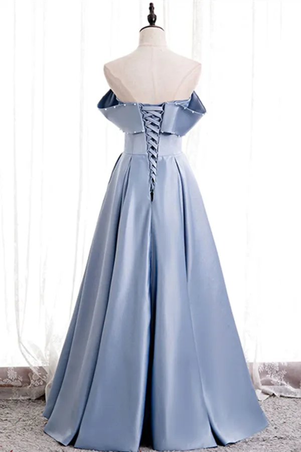 Promfast Chic A line Off the shoulder Beaded Floor Length Prom Dress Satin Evening Dress PFP2147