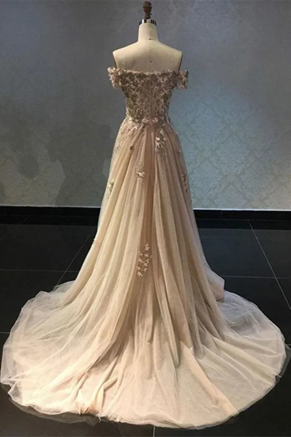 Promfast Luxury Tulle Off The Shoulder Neckline A Line Prom Dresses With Beaded Appliques PFP2110