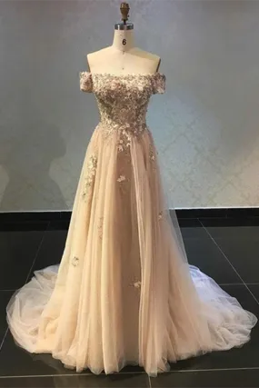 Promfast Luxury Tulle Off The Shoulder Neckline A Line Prom Dresses With Beaded Appliques PFP2110