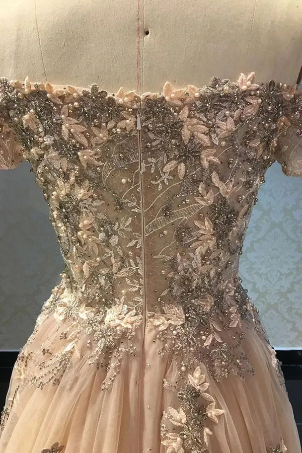 Promfast Luxury Tulle Off The Shoulder Neckline A Line Prom Dresses With Beaded Appliques PFP2110