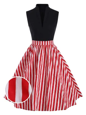 Red 1950s Patchwork Stripe Swing Dress