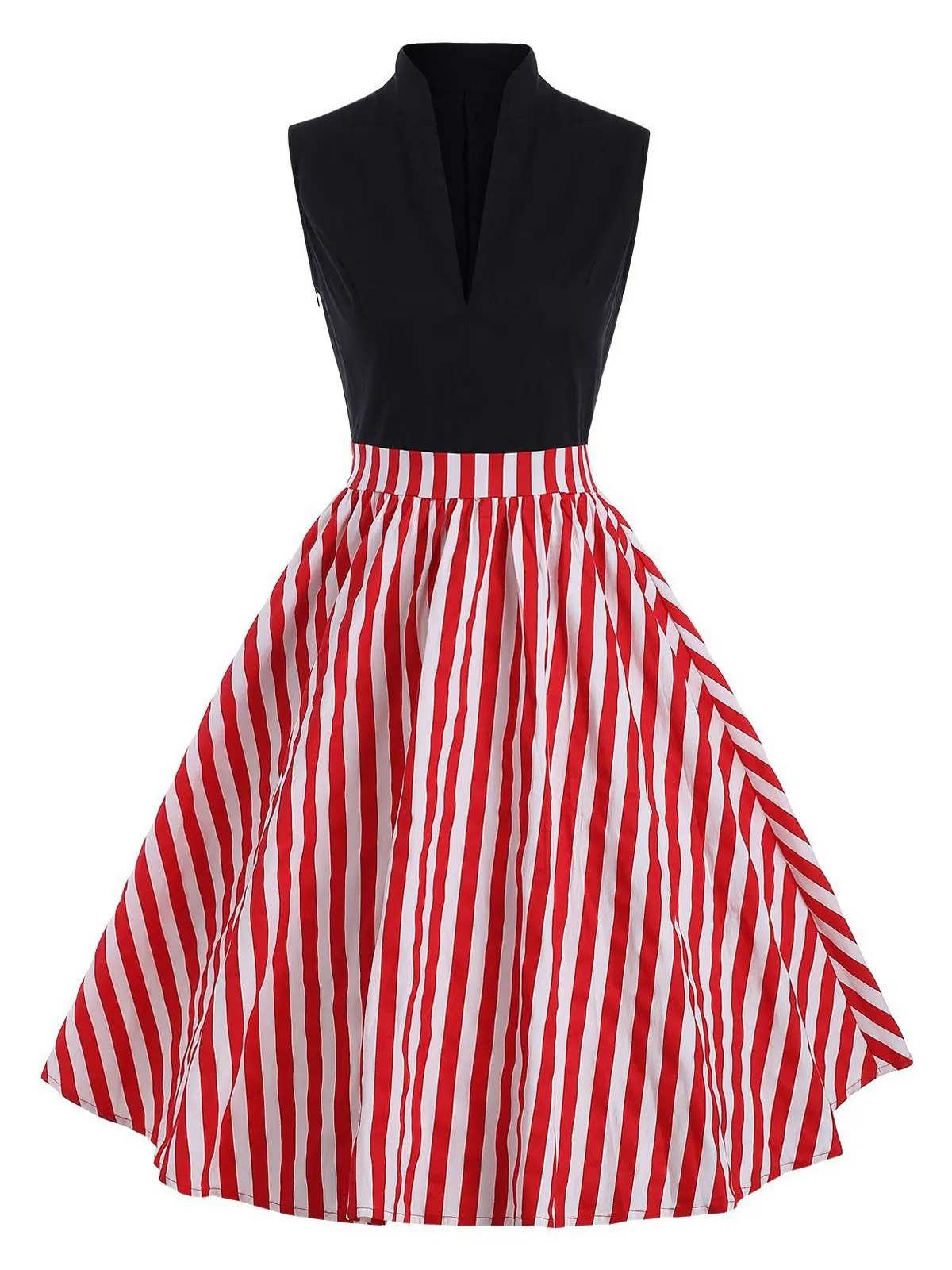 Red 1950s Patchwork Stripe Swing Dress