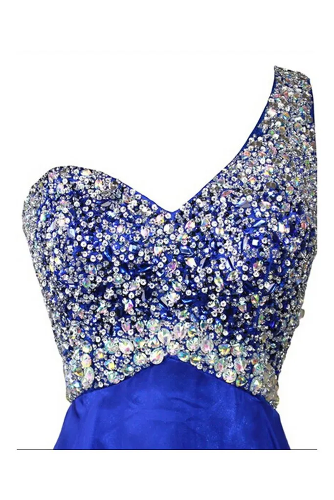 Royal Blue Beaded One Shoulder Long Prom Party Dresses  GY191