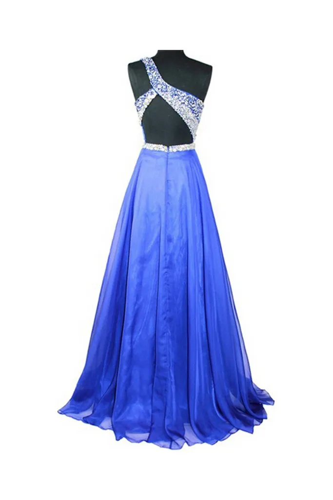 Royal Blue Beaded One Shoulder Long Prom Party Dresses  GY191