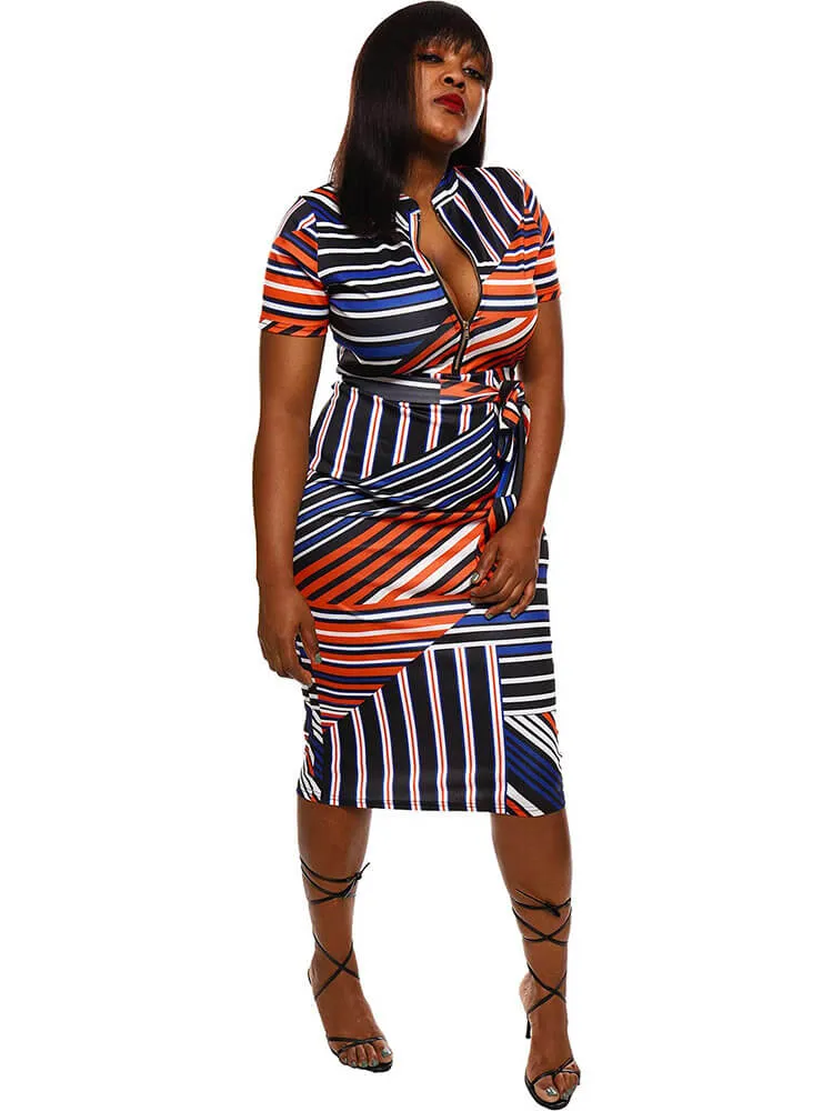 Short Sleeve Striped Print Tie Waist Bodycon Midi Dresses