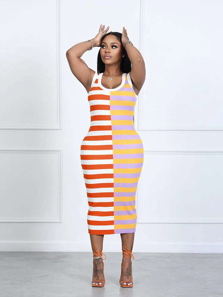 Sleeveless Bodycon Striped Ribbed Knit Midi Dresses