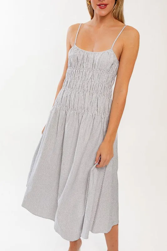 Smocking Detail Stripe Midi Dress