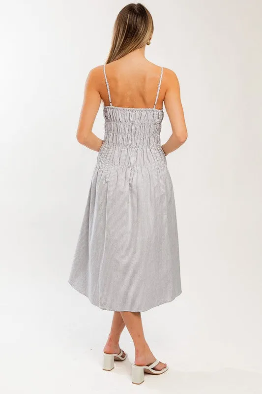Smocking Detail Stripe Midi Dress