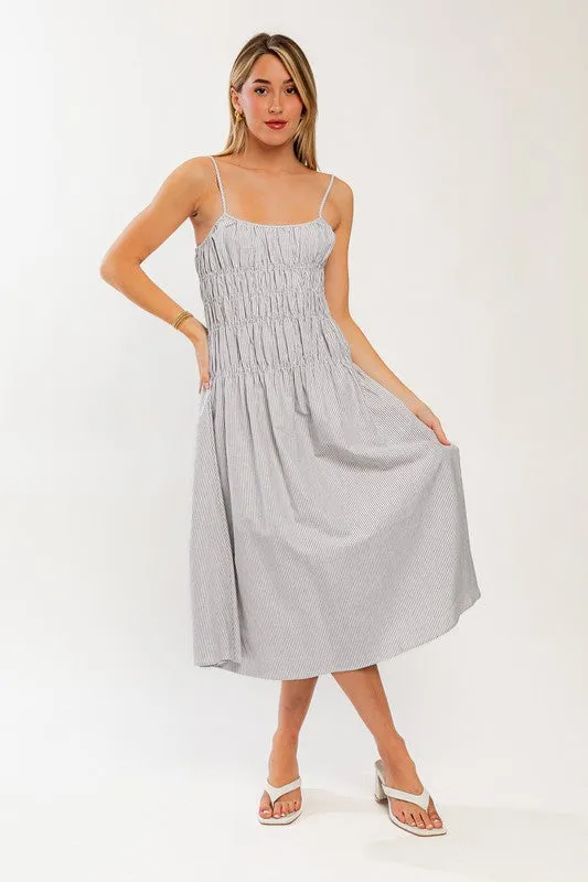 Smocking Detail Stripe Midi Dress