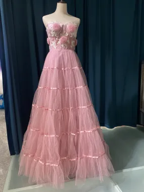 Strapless Appliques Tulle Long Prom Dresses, A-line 2021 Prom Dresses, Elegant Prom Dresses