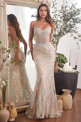 Strapless Embellished Silver Gown CD847