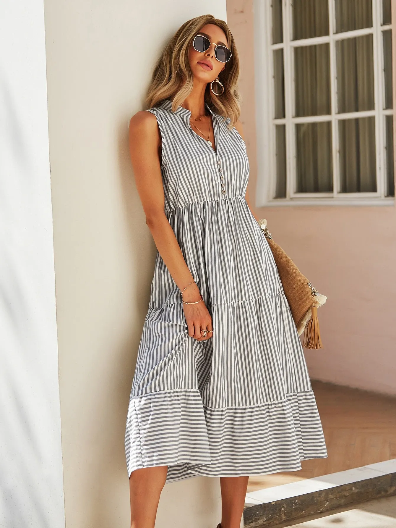 Striped Button Sleeveless Notched Flounce High Waist Midi Dress