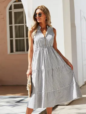 Striped Button Sleeveless Notched Flounce High Waist Midi Dress