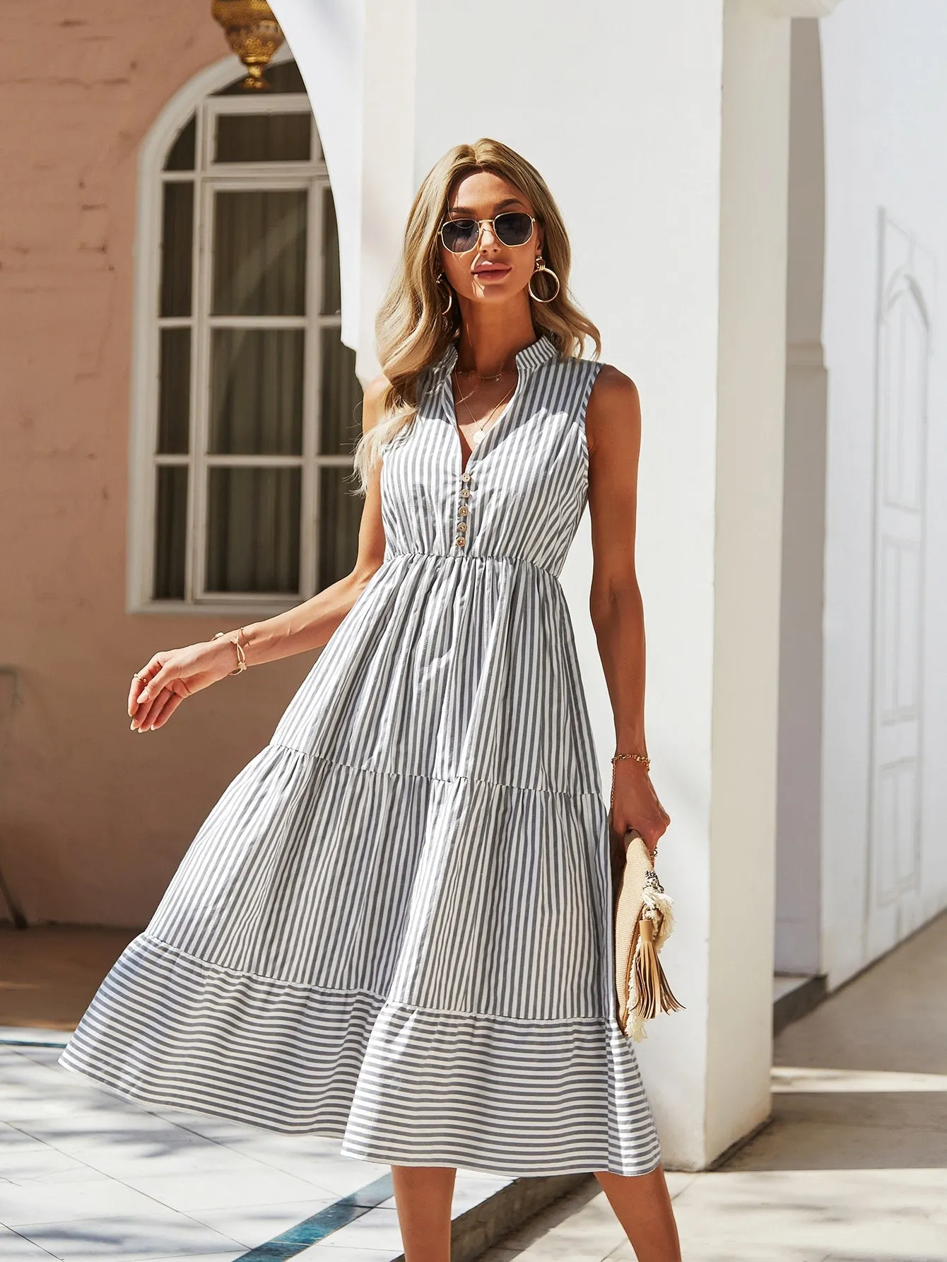 Striped Button Sleeveless Notched Flounce High Waist Midi Dress