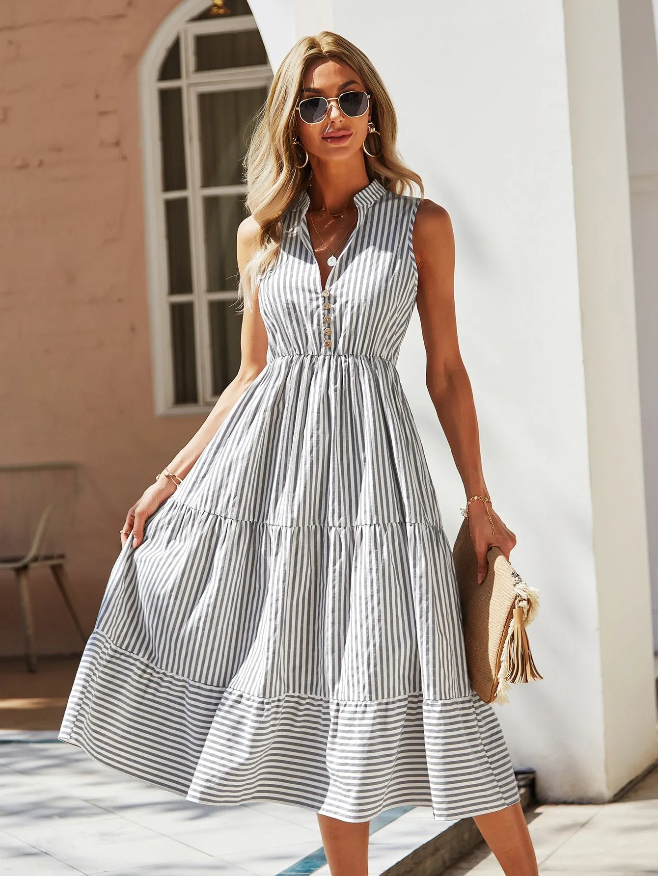Striped Button Sleeveless Notched Flounce High Waist Midi Dress