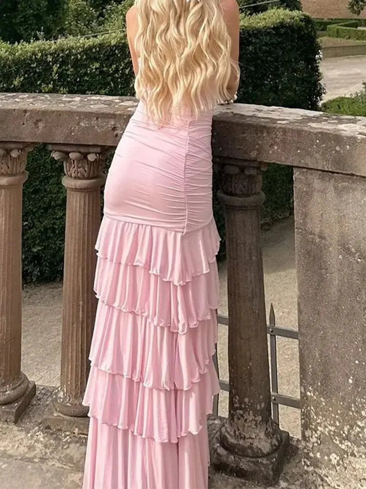 TAVIMART  -  2024 Fashion Layered Ruffles Hem Beaded Long Dress Elegant Sexy Backless Slim Split Dresses Summer Lady Evening Party Vestidos