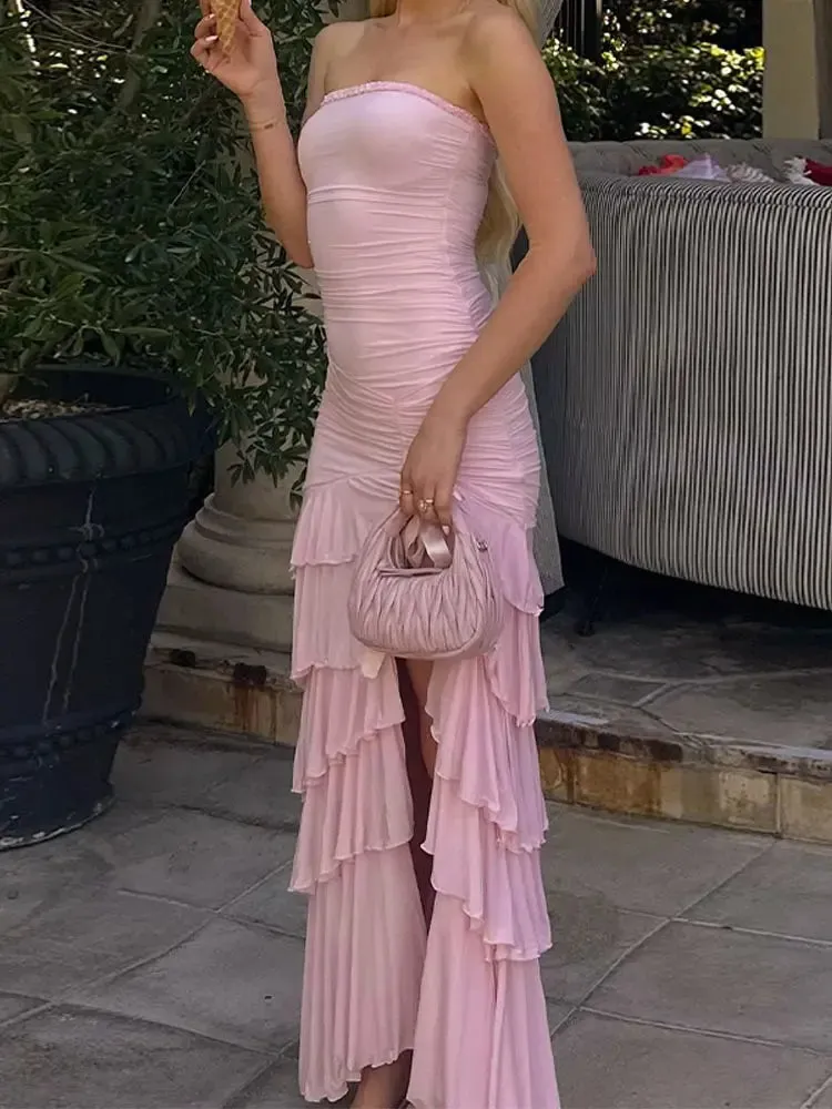 TAVIMART  -  2024 Fashion Layered Ruffles Hem Beaded Long Dress Elegant Sexy Backless Slim Split Dresses Summer Lady Evening Party Vestidos