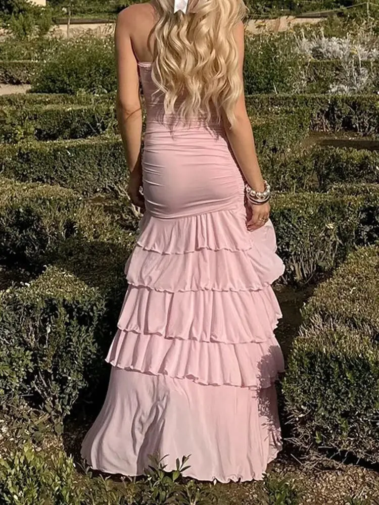 TAVIMART  -  2024 Fashion Layered Ruffles Hem Beaded Long Dress Elegant Sexy Backless Slim Split Dresses Summer Lady Evening Party Vestidos