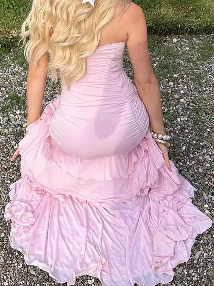TAVIMART  -  2024 Fashion Layered Ruffles Hem Beaded Long Dress Elegant Sexy Backless Slim Split Dresses Summer Lady Evening Party Vestidos