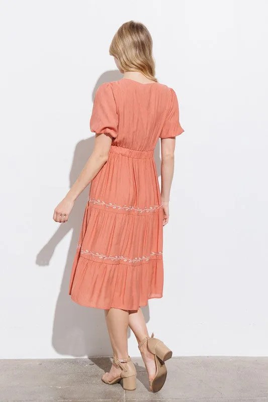 Terracotta Square Neck Tiered Midi Dress