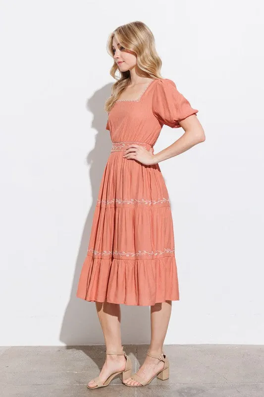 Terracotta Square Neck Tiered Midi Dress