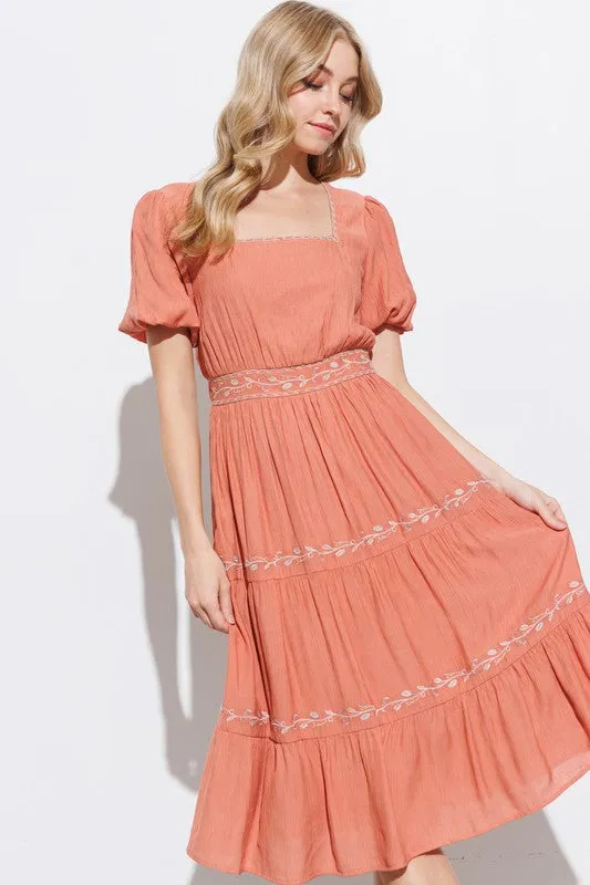 Terracotta Square Neck Tiered Midi Dress