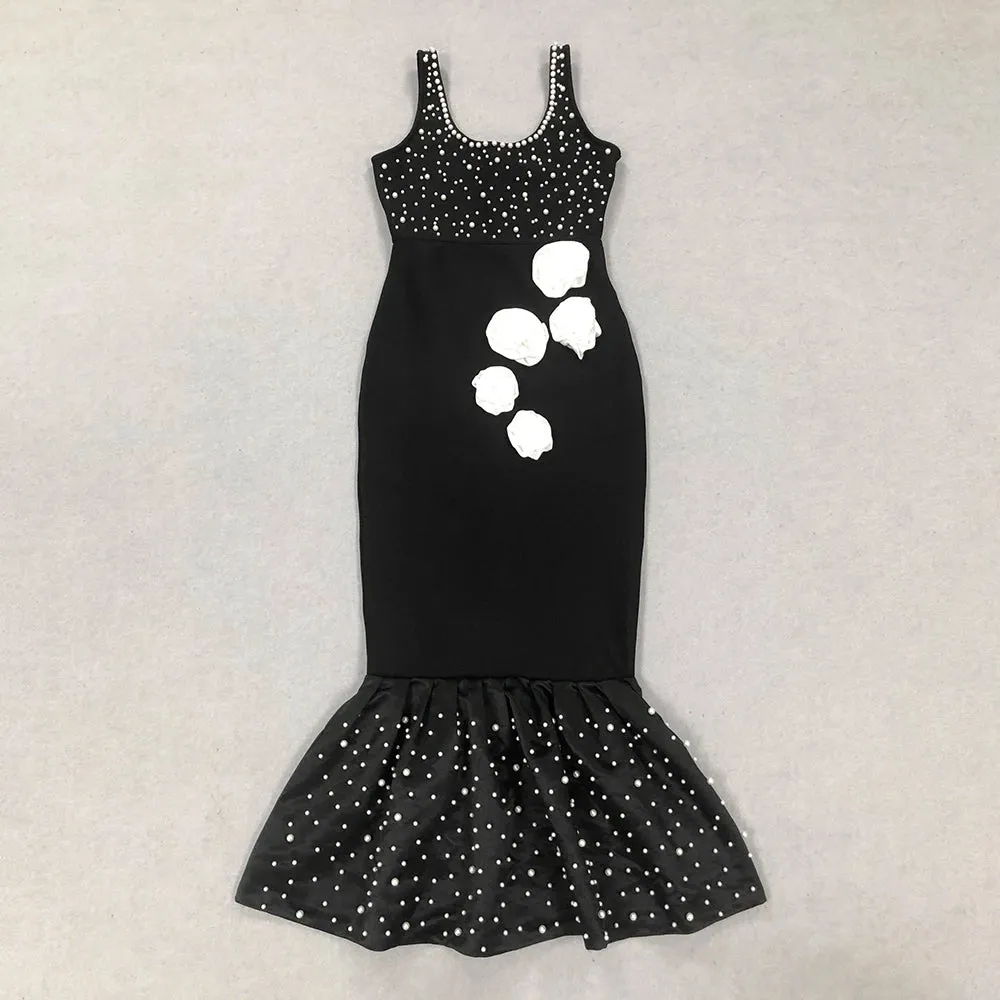 Trend4us Women's Elegant Pearl Floral Applique Mermaid Dress