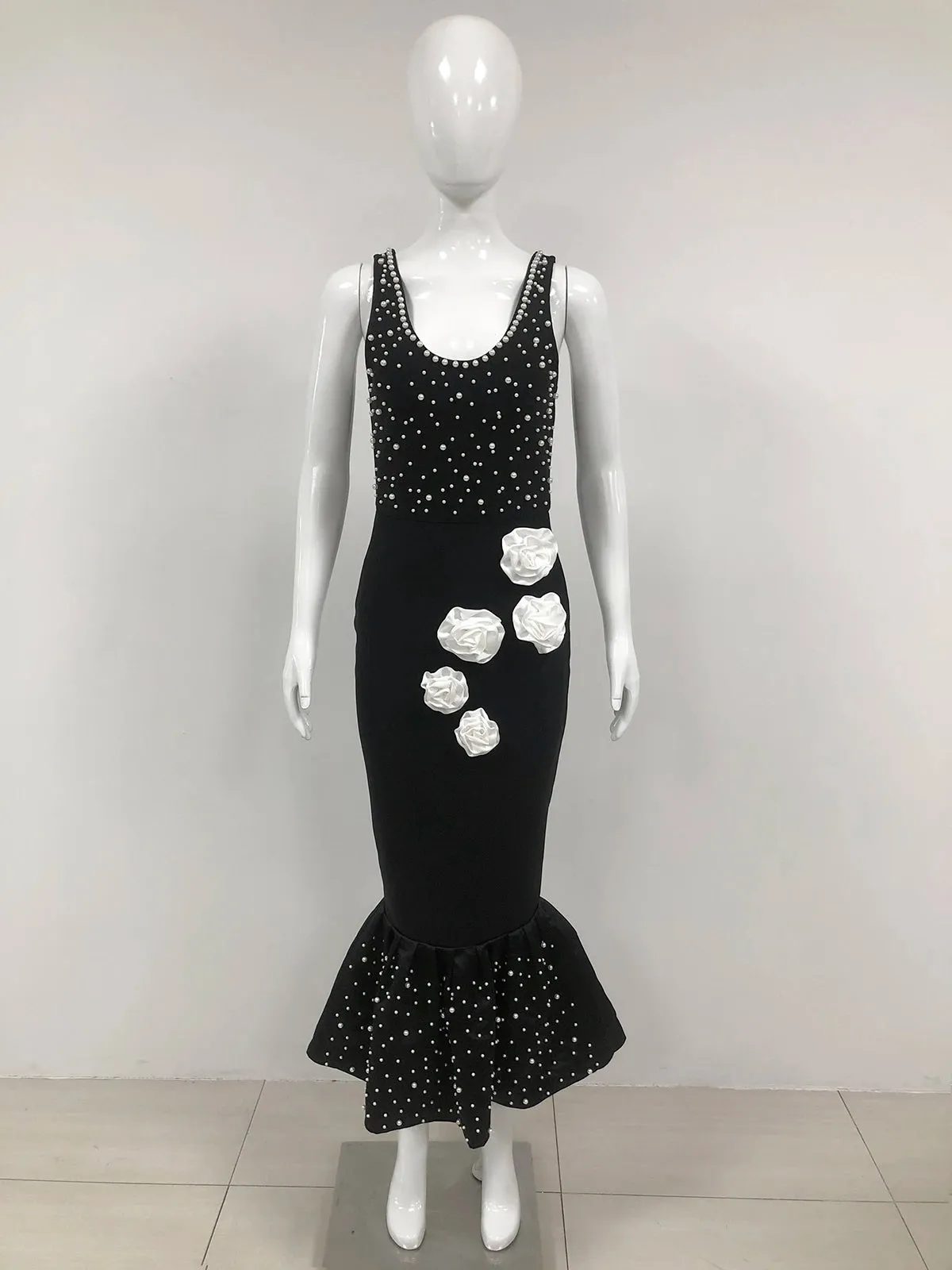 Trend4us Women's Elegant Pearl Floral Applique Mermaid Dress