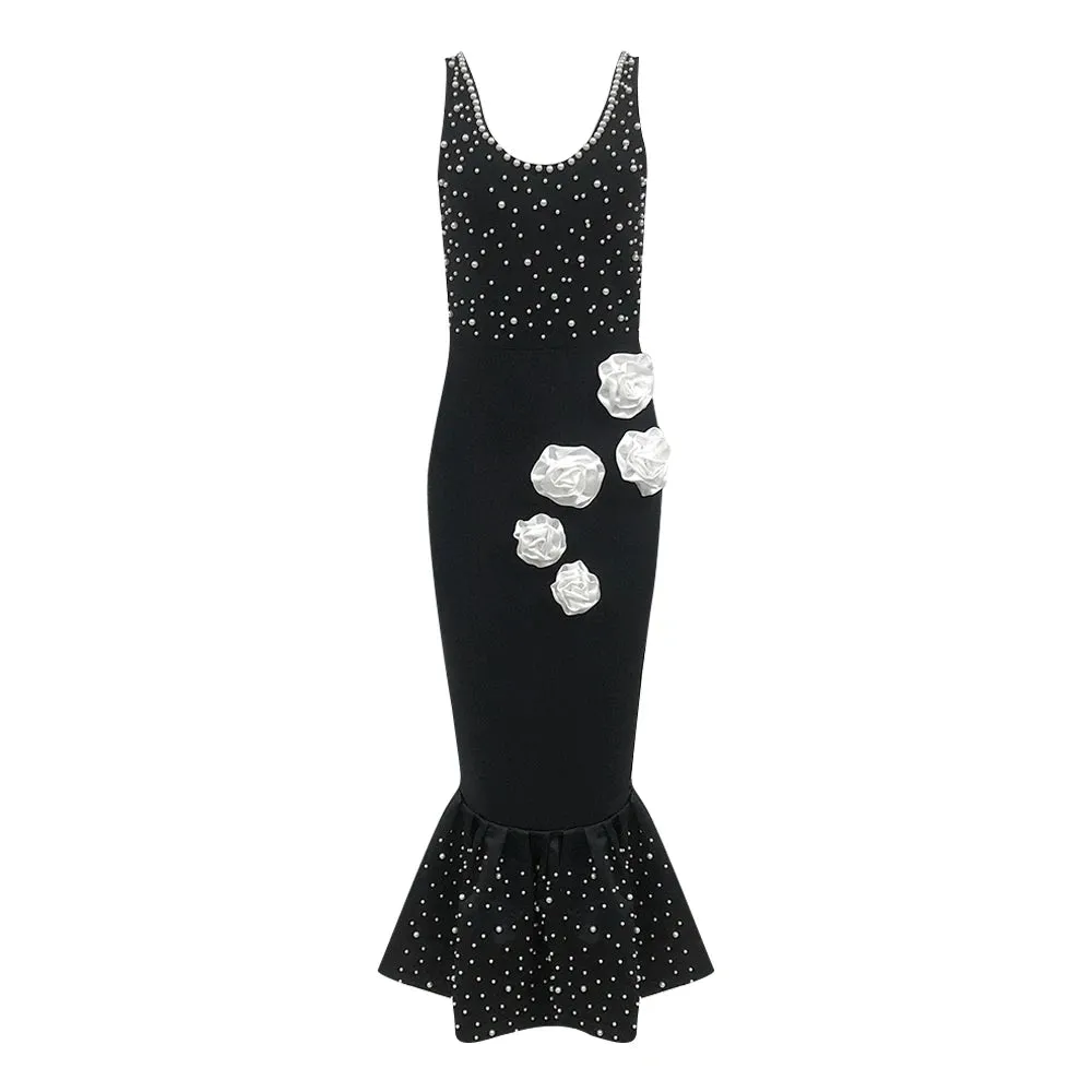 Trend4us Women's Elegant Pearl Floral Applique Mermaid Dress