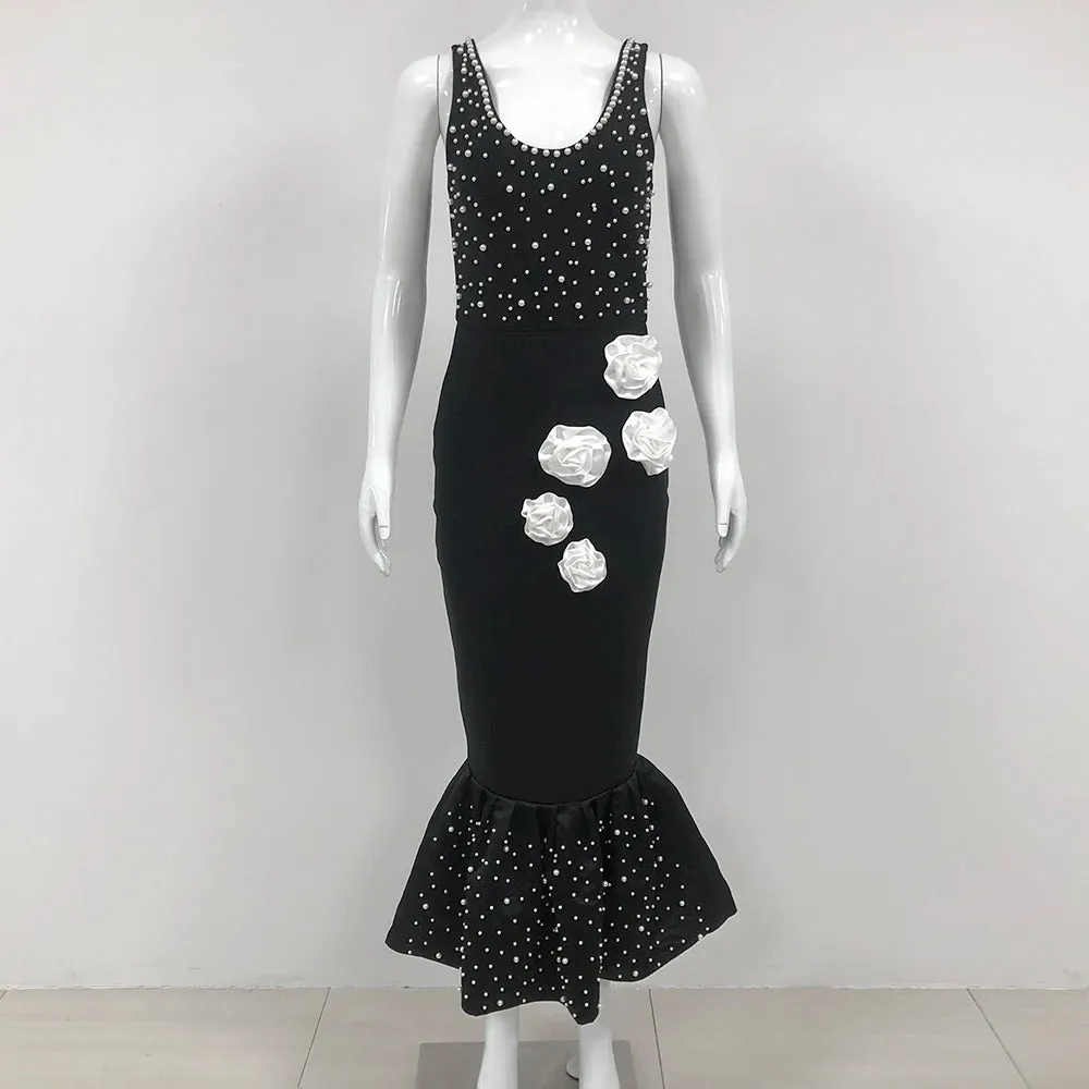 Trend4us Women's Elegant Pearl Floral Applique Mermaid Dress
