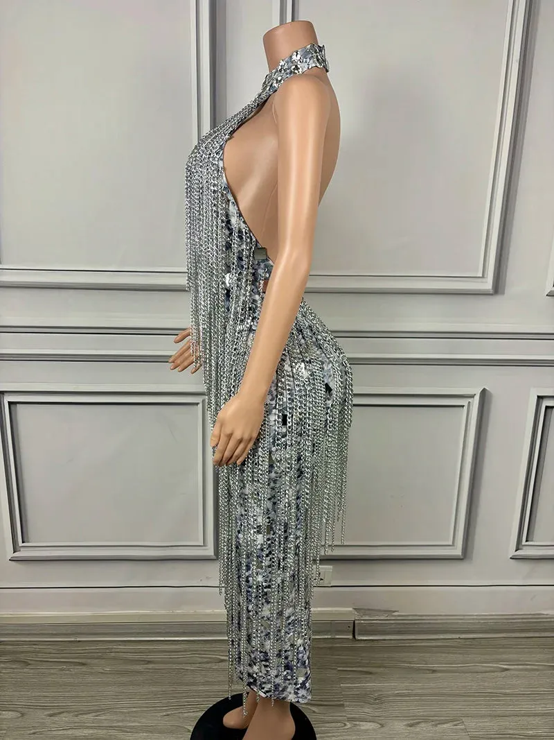 Trend4us Women's Luxury Beaded Tassel Chain Gala Dress
