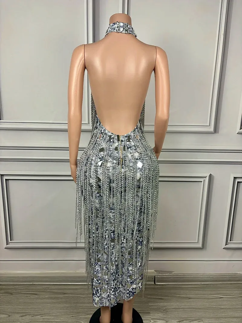 Trend4us Women's Luxury Beaded Tassel Chain Gala Dress
