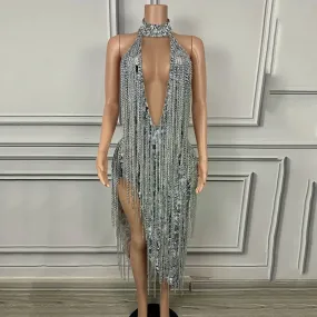 Trend4us Women's Luxury Beaded Tassel Chain Gala Dress
