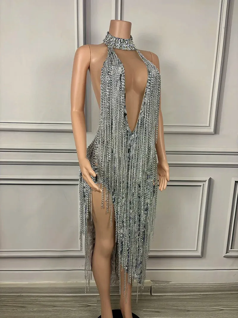Trend4us Women's Luxury Beaded Tassel Chain Gala Dress