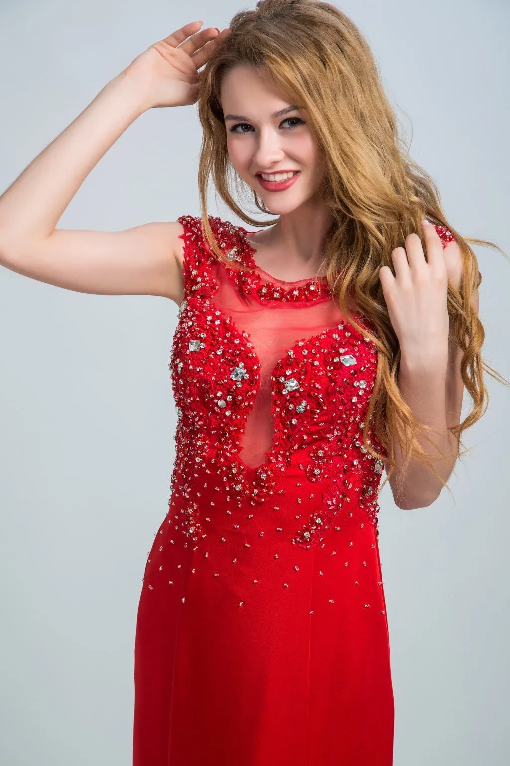 Trumpet/Mermaid Illusion Sweep Train  Satin Beaded Red Evening Dresses 2913