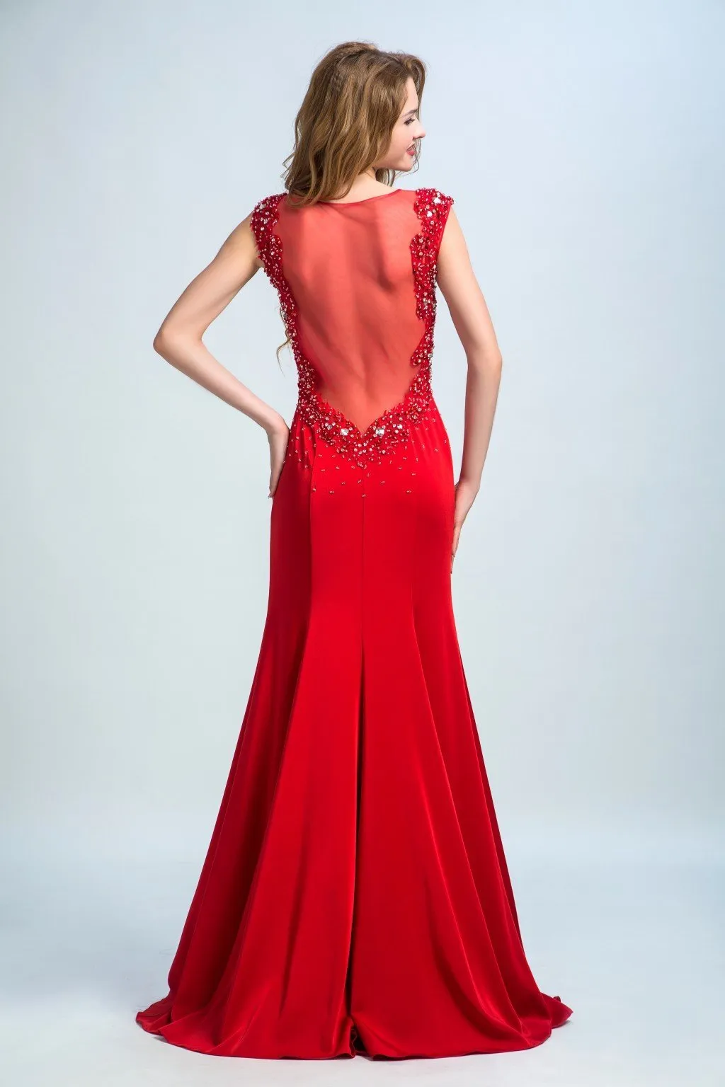 Trumpet/Mermaid Illusion Sweep Train  Satin Beaded Red Evening Dresses 2913