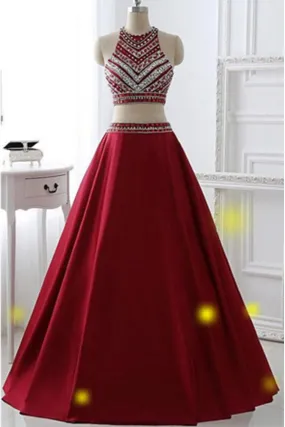 Two Pieces Burgundy Long A-line Satin Beaded Pretty Prom Dresses PFP1099