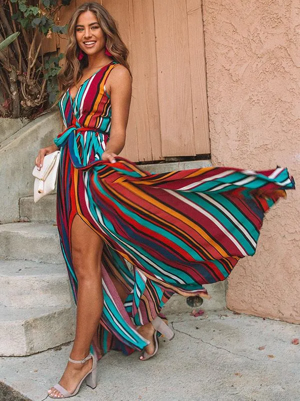 Unique Sexy Striped Sleeveless Split-side Maxi Dress
