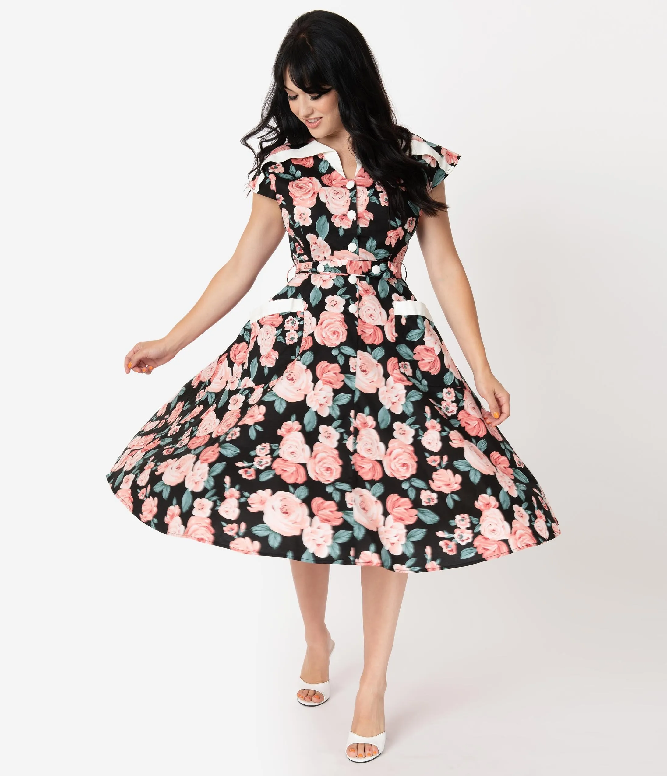 Unique Vintage 1950s Black & Pink Floral Cap Sleeve Hedda Swing Dress