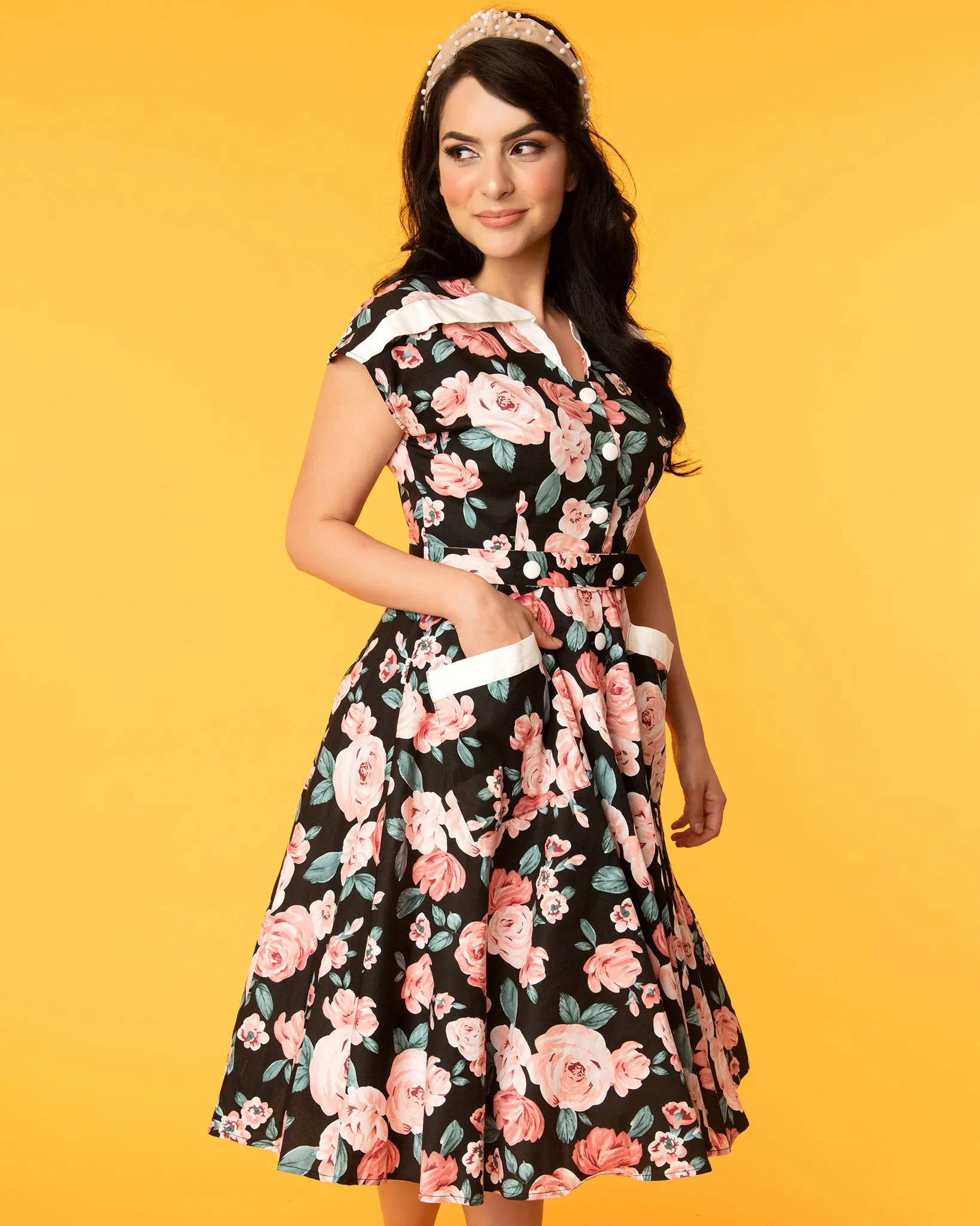 Unique Vintage 1950s Black & Pink Floral Cap Sleeve Hedda Swing Dress