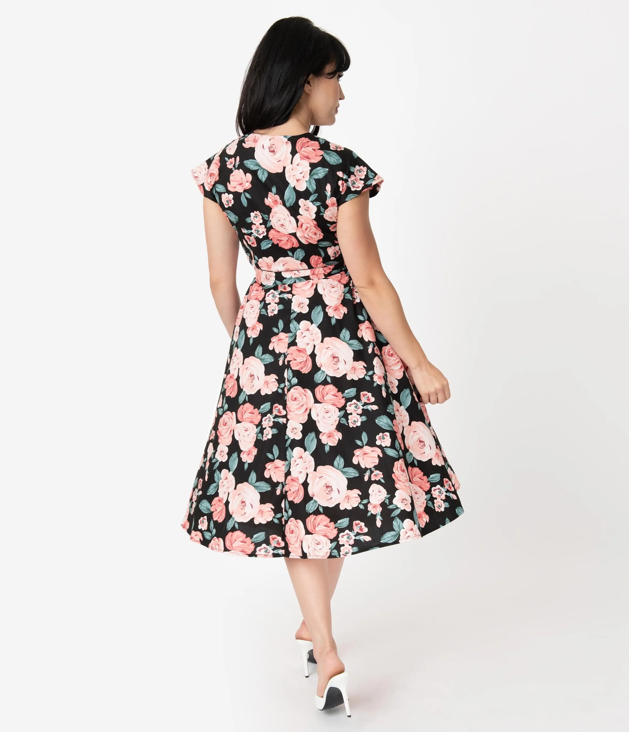 Unique Vintage 1950s Black & Pink Floral Cap Sleeve Hedda Swing Dress