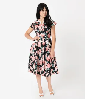 Unique Vintage 1950s Black & Pink Floral Cap Sleeve Hedda Swing Dress