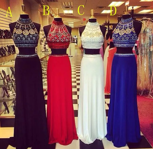 White Halter Beaded Two Pieces Long Mermaid Prom Dresses PFP1081