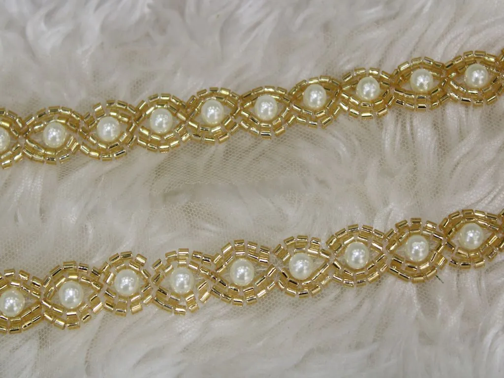 White Pearl Golden Cutdana Beads Work Embroidered Border