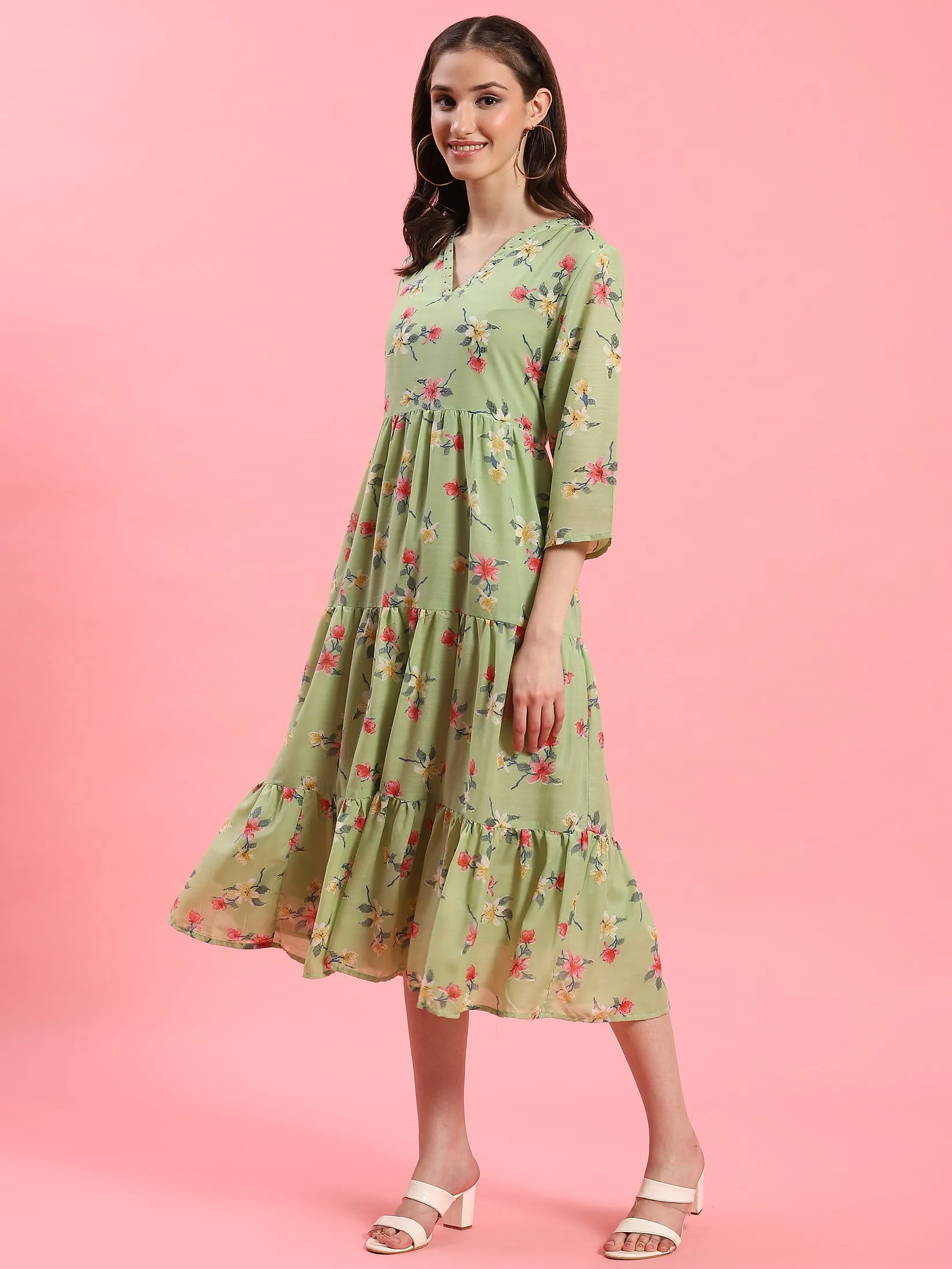 Women Green V-Neck Printed Dress