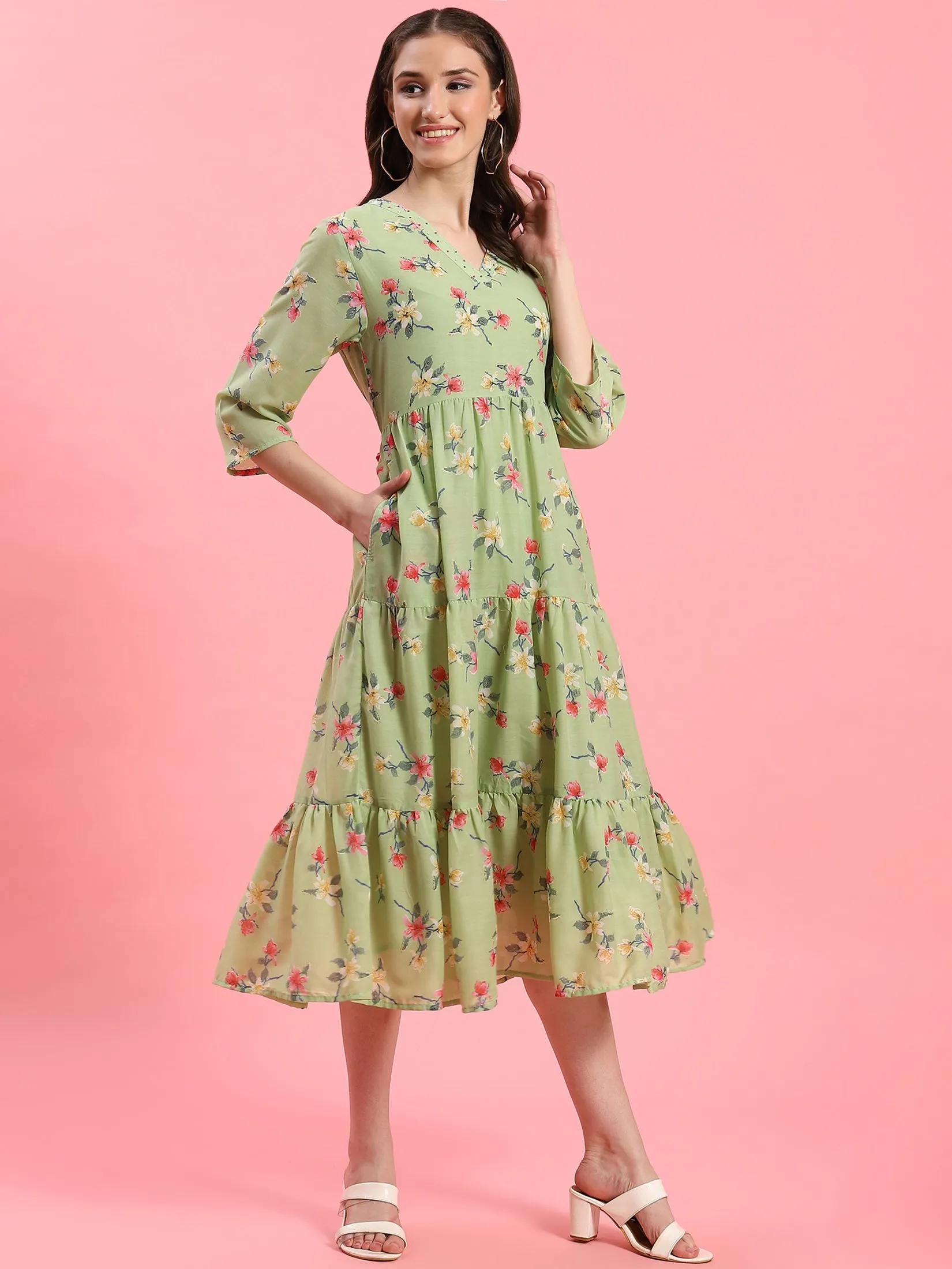Women Green V-Neck Printed Dress
