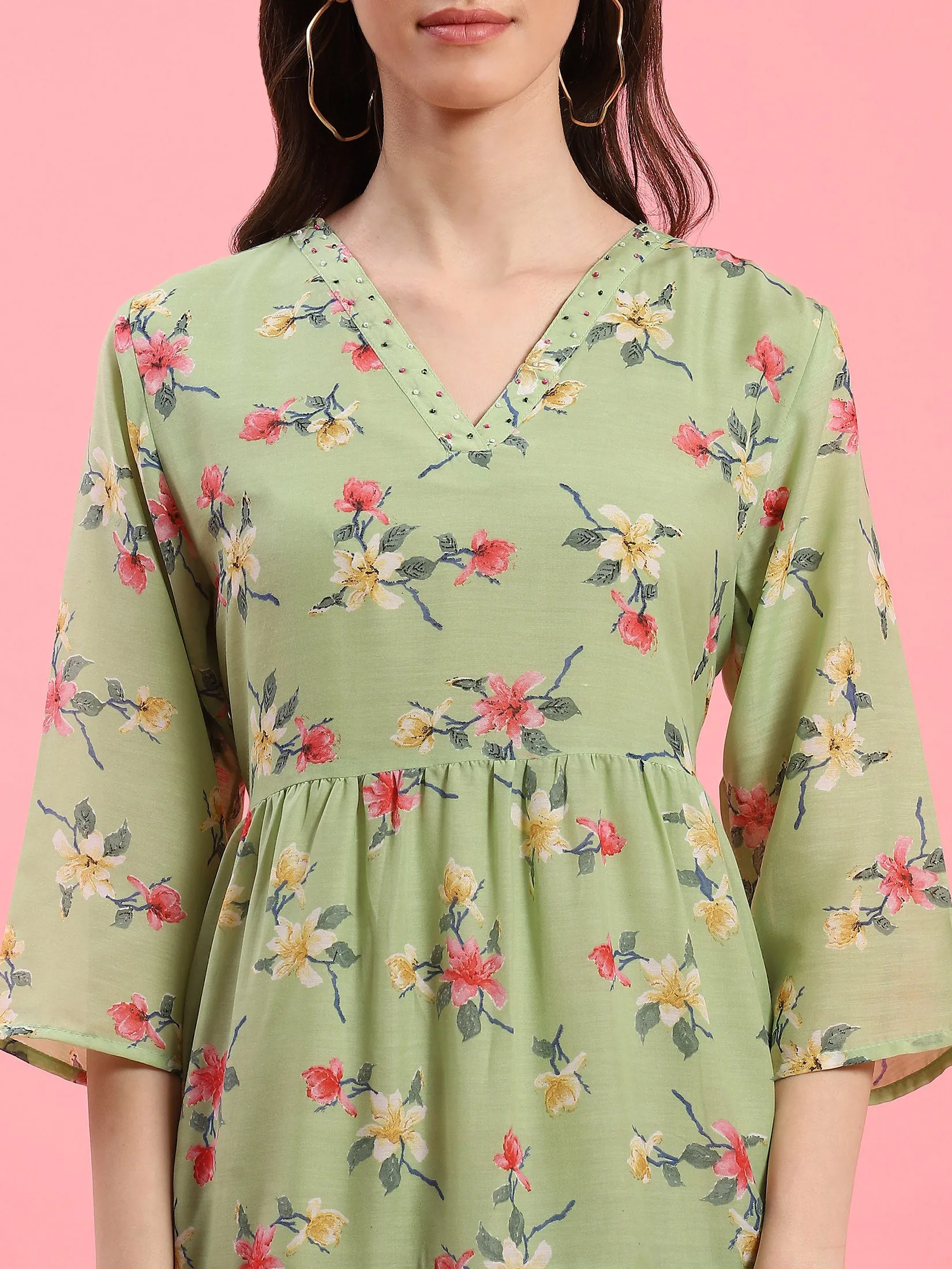 Women Green V-Neck Printed Dress
